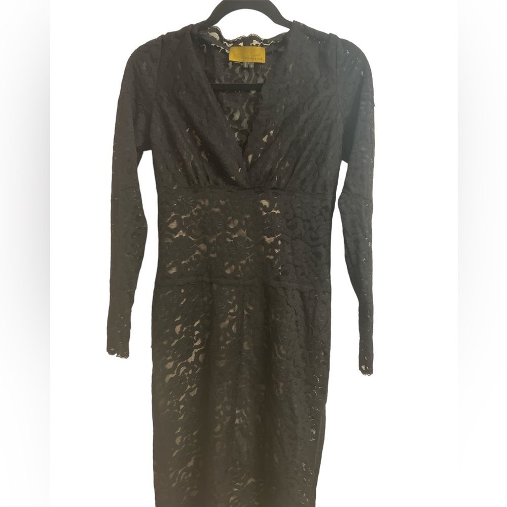 Nicole miller black lace dress with nude Lining, Sz sm